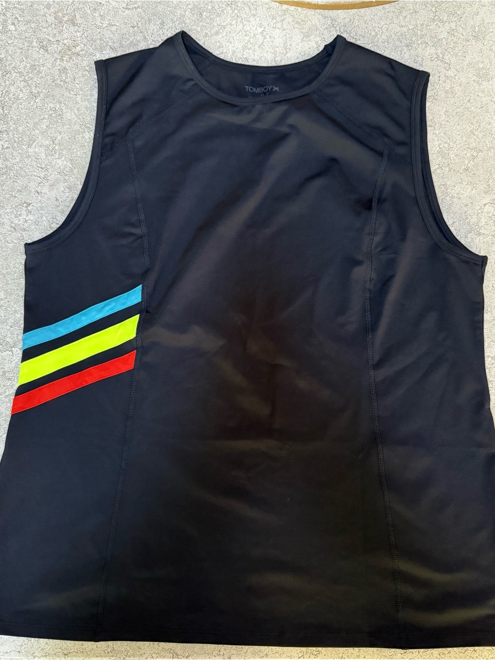 TomboyX Black Swim Tank with Blue, Neon Yellow & Red Stripes